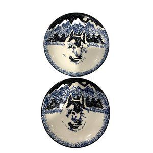 Set of 2 VTG WOLF ~ TIENSHAN FOLK CRAFT 7 5/8' Salad Dessert Plates Blue Sponge